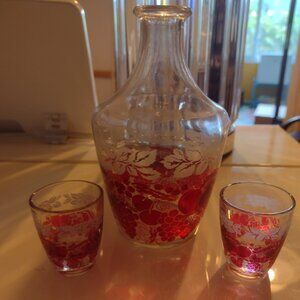 French floral  hand painted decanter with 2 shot glasses